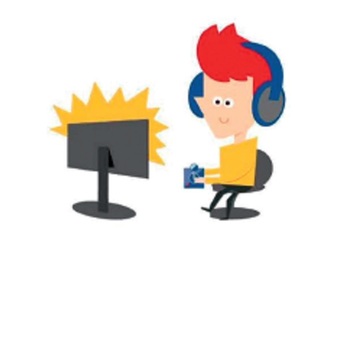 Comiczeichnung: ein Kind sitzt mit Kopfhörer und einem Steuergerät vor einem Fernseher.