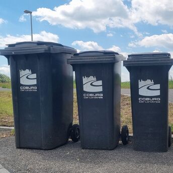 Drei Mülltonnen mit dem Logo des Landkreises Coburg stehen am Straßenrand.